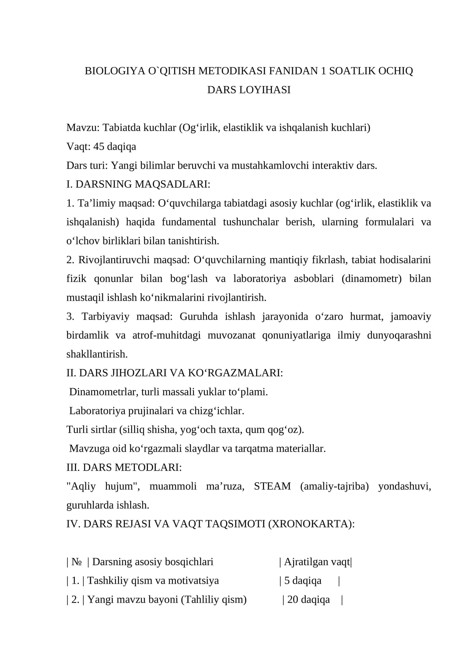BIOLOGIYA O`QITISH METODIKASI FANIDAN 1 SOATLIK OCHIQ DARS LOYIHASI 1