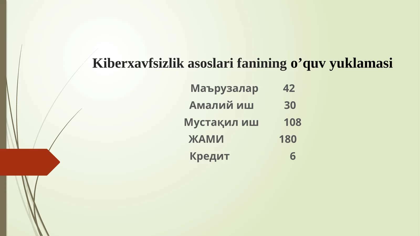 Kiberxavfsizlik asoslari fanining o’quv yuklamasi 1