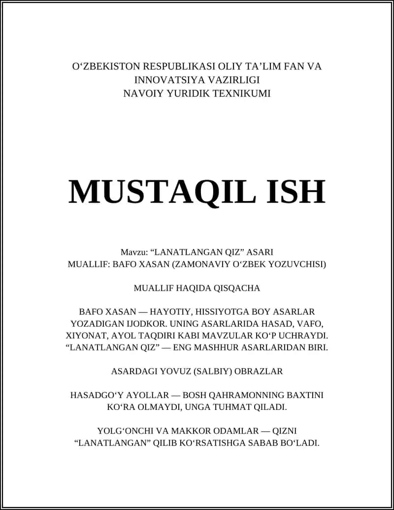 "LANATLANGAN QIZ" ASARI 1