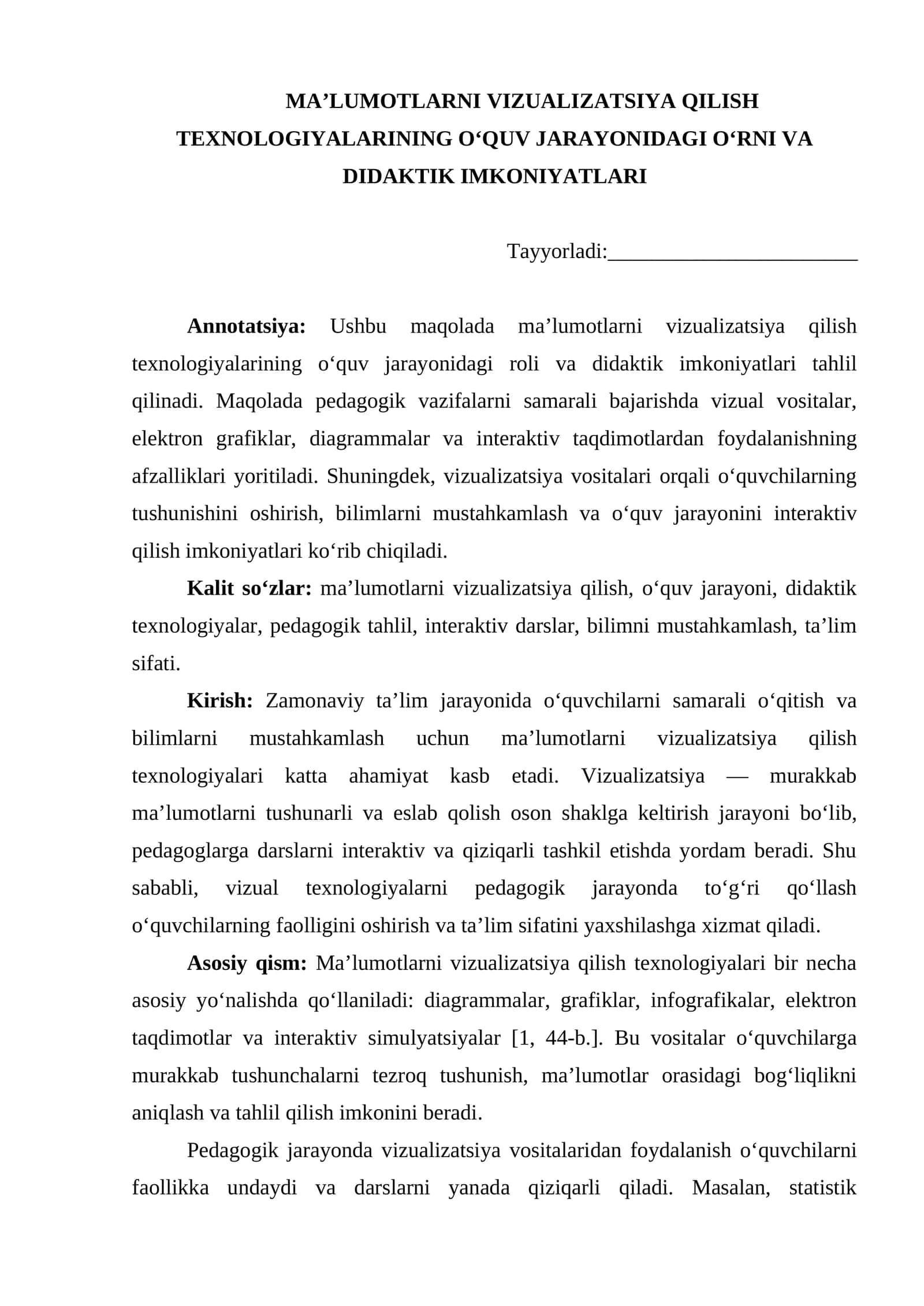 MA’LUMOTLARNI VIZUALIZATSIYA QILISH TEXNOLOGIYALARINING O‘QUV JARAYONIDAGI O‘RNI VA DIDAKTIK IMKONIYATLARI 1