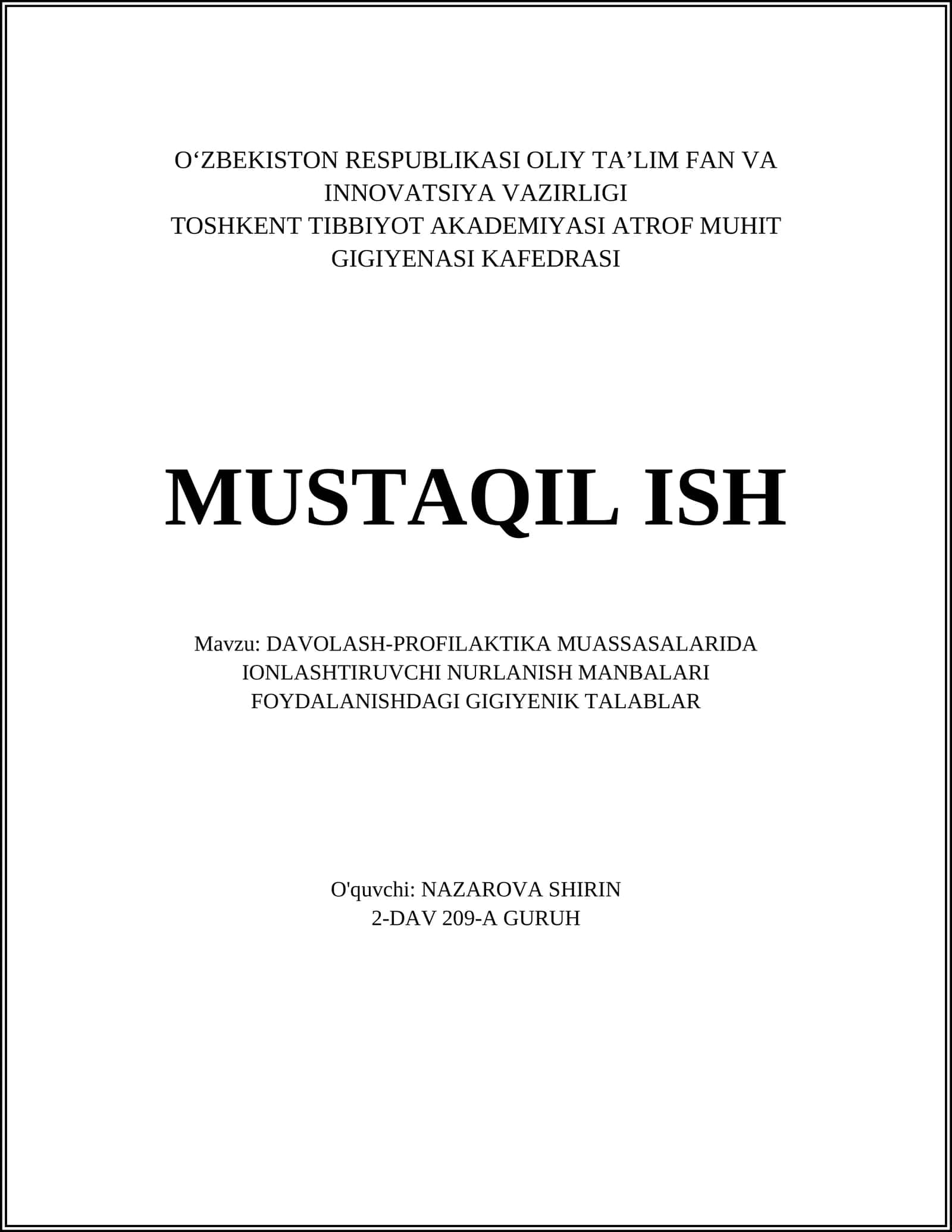 DAVOLASH-PROFILAKTIKA MUASSASALARIDA IONLASHTIRUVCHI NURLANISH MANBALARI FOYDALANISHDAGI GIGIYENIK TALABLAR 1