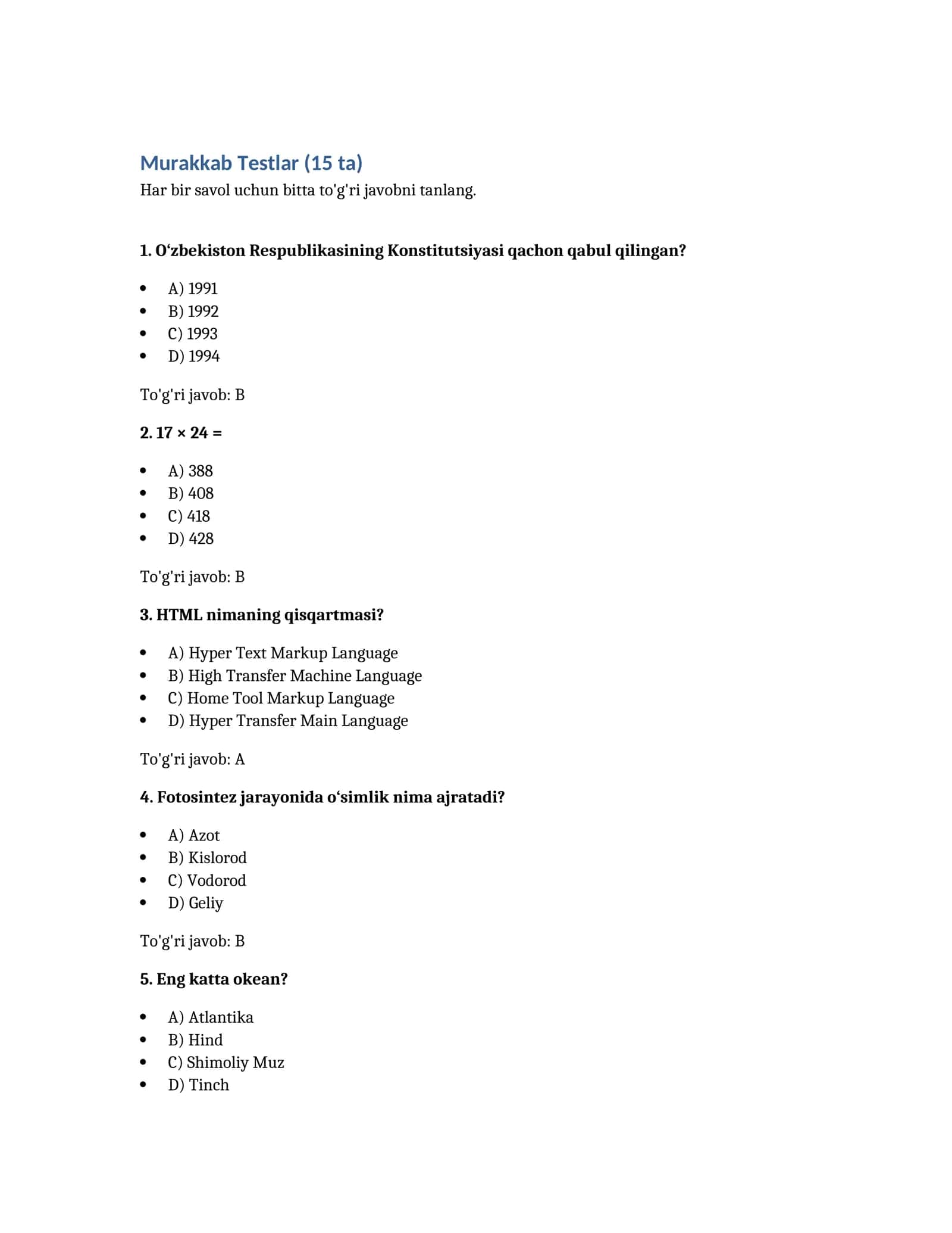 Murakkab Testlar (15 ta) 1
