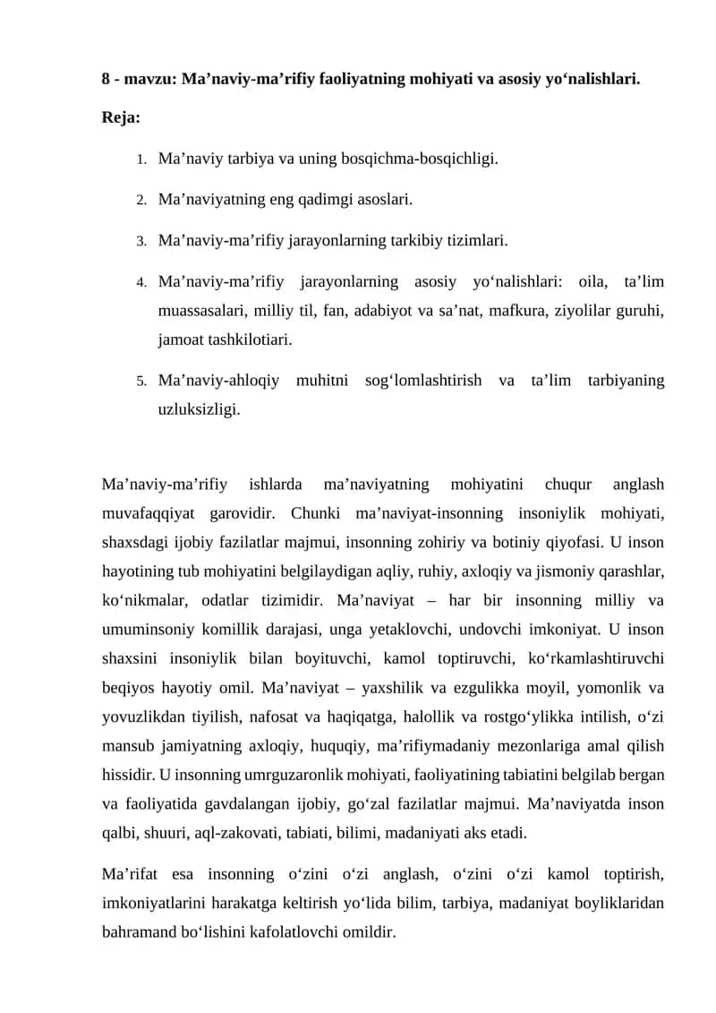 Ma’naviy-ma’rifiy faoliyatning mohiyati va asosiy yo‘nalishlari. 1