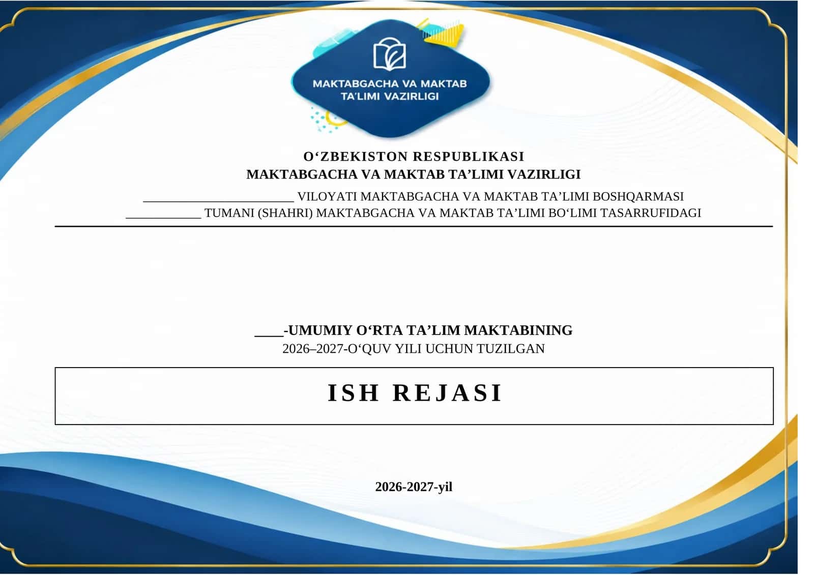 MAKTAB ISH REJASI 2026-2027 O'QUV YILI 1