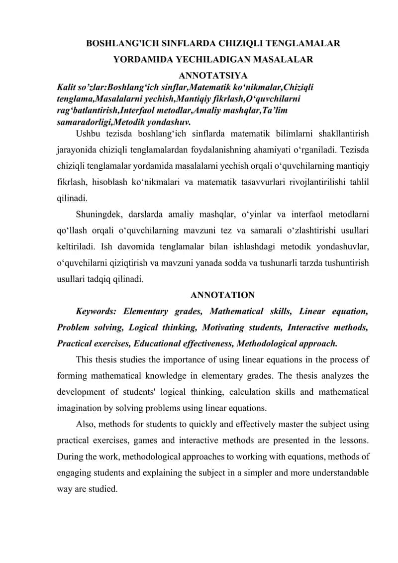 BOSHLANG'ICH SINFLARDA CHIZIQLI TENGLAMALAR YORDAMIDA YECHILADIGAN MASALALAR 1