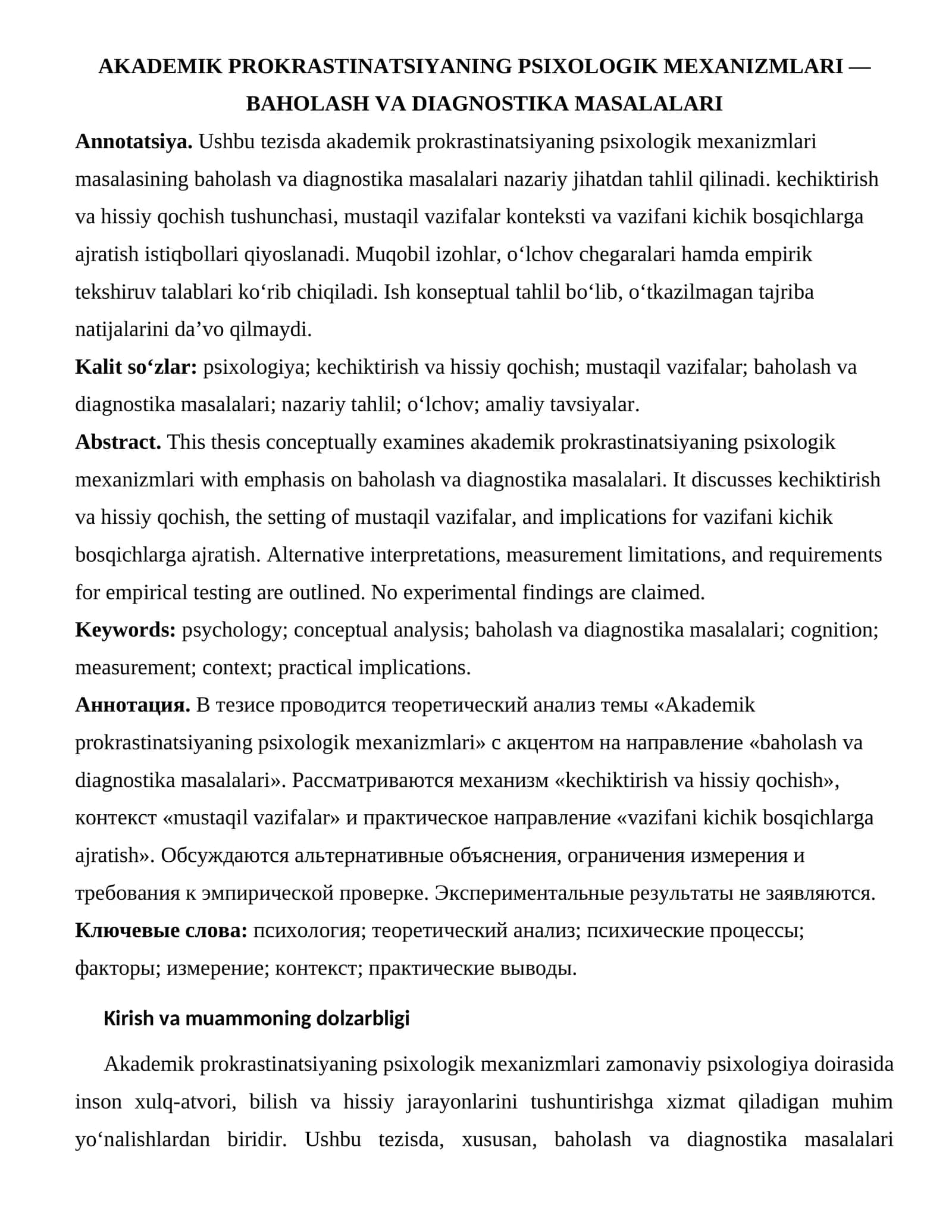 AKADEMIK PROKRASTINATSIYANING PSIXOLOGIK MEXANIZMLARI — BAHOLASH VA DIAGNOSTIKA MASALALARI 1