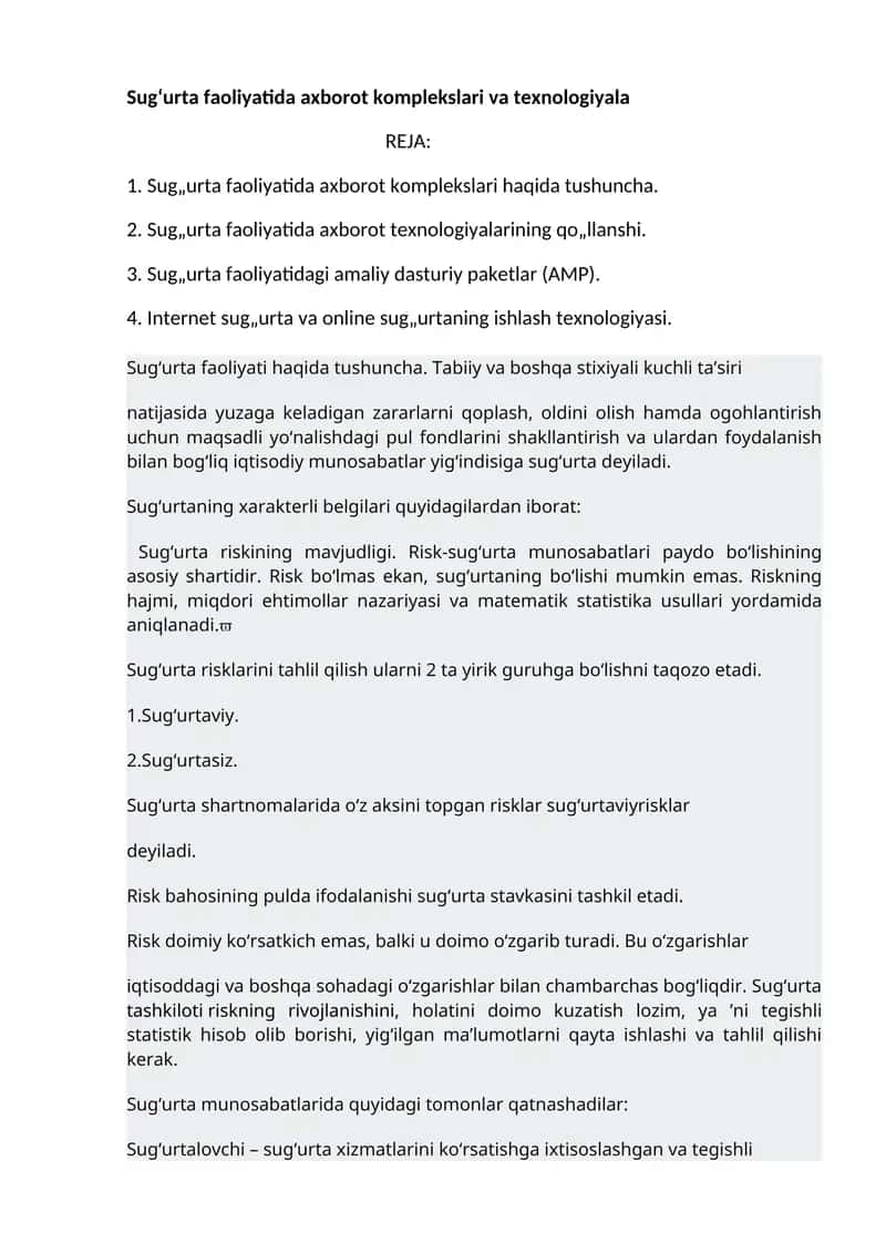 Sug'urta faoliyatida axborot komplekslari va texnologiyala 1