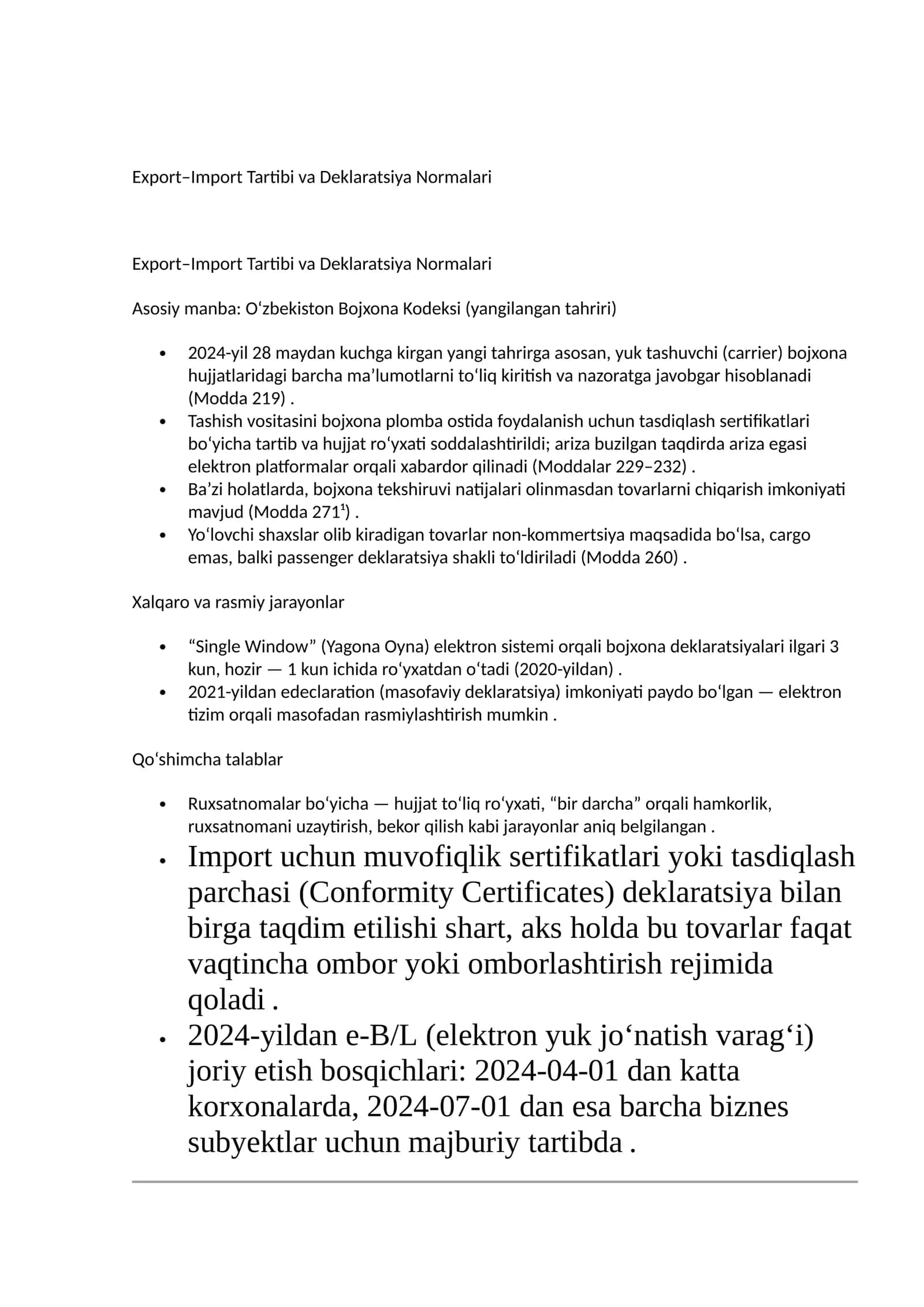 Export–Import Tartibi va Deklaratsiya Normalari 1