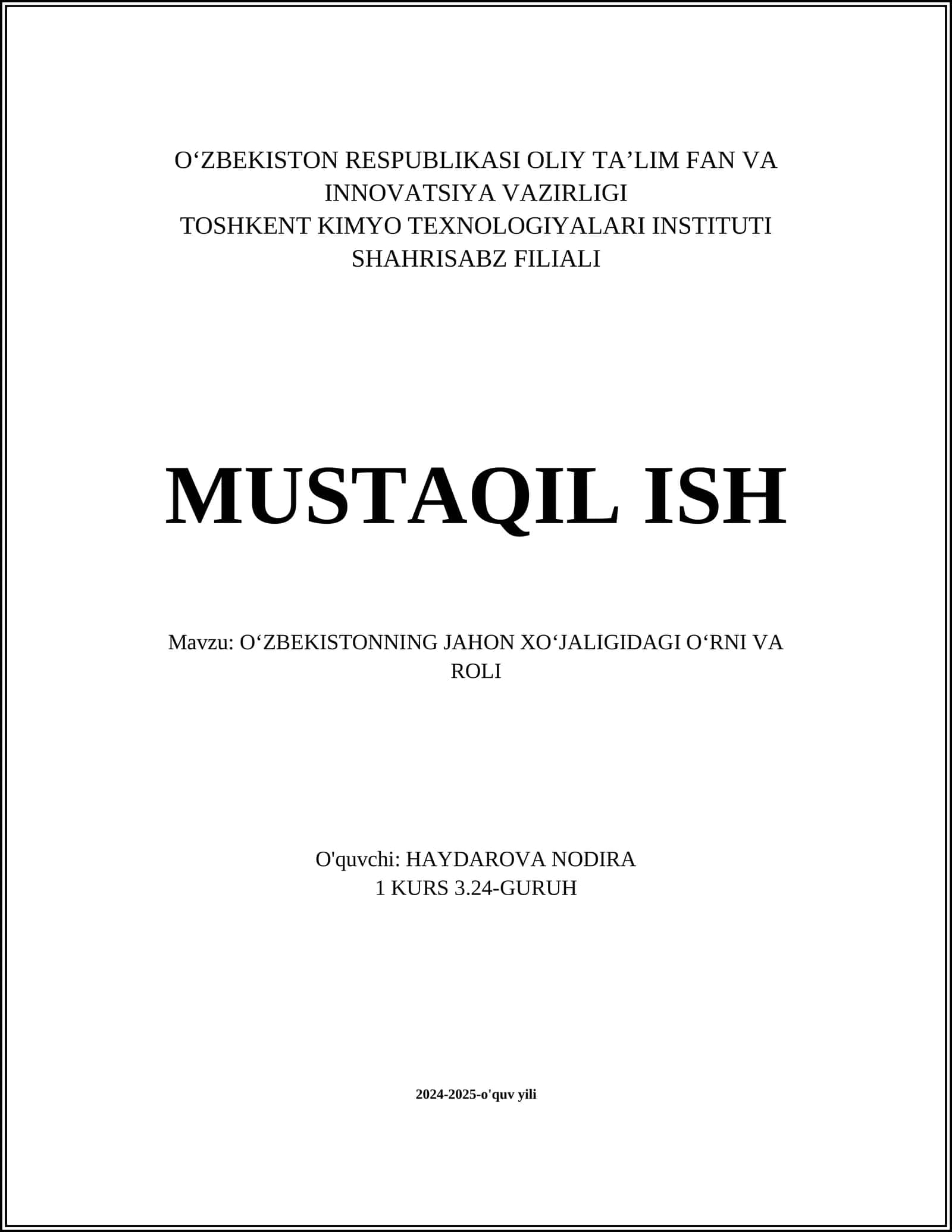 OʻZBEKISTONNING JAHON XOʻJALIGIDAGI OʻRNI VA ROLI 1