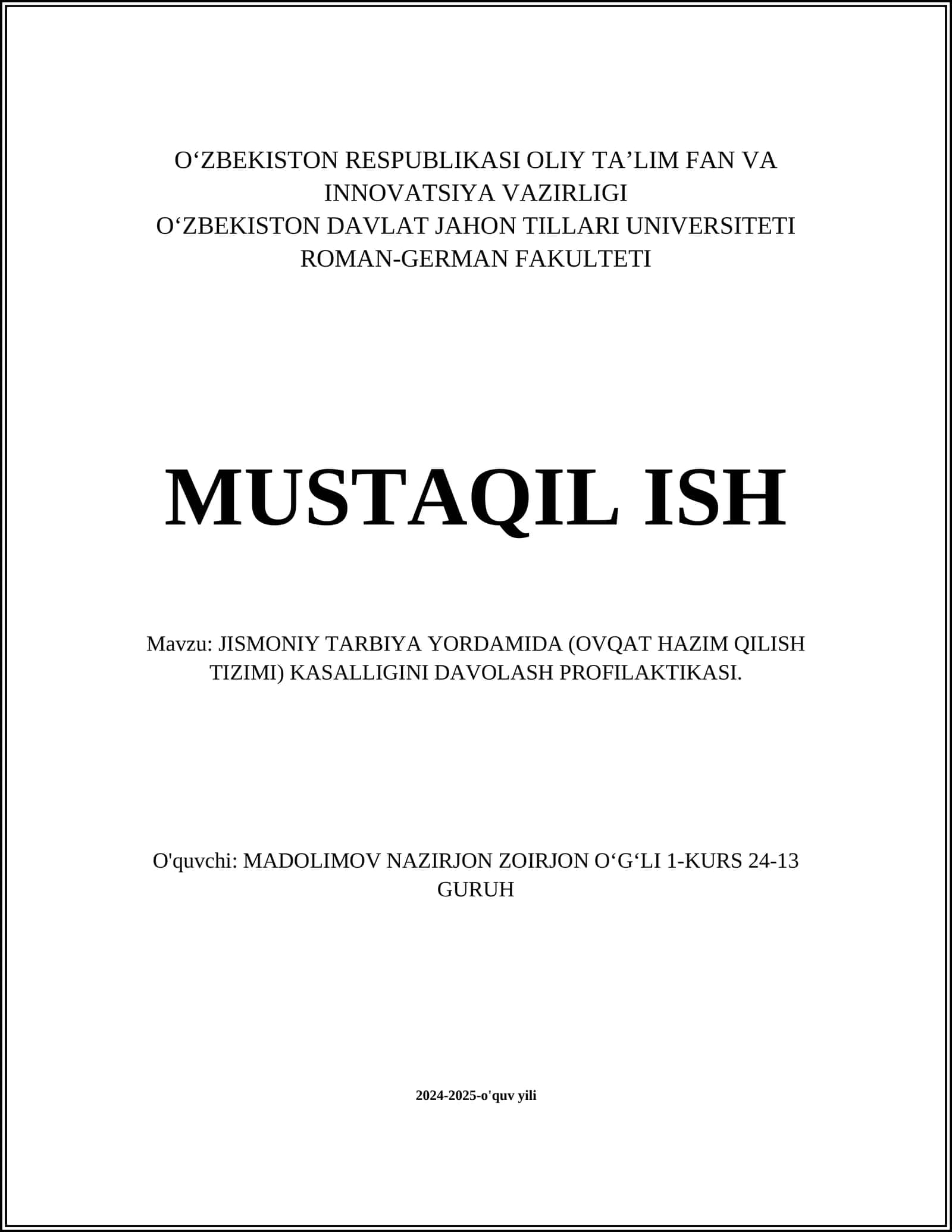 JISMONIY TARBIYA YORDAMIDA (OVQAT HAZIM QILISH TIZIMI) KASALLIGINI DAVOLASH PROFILAKTIKASI 1