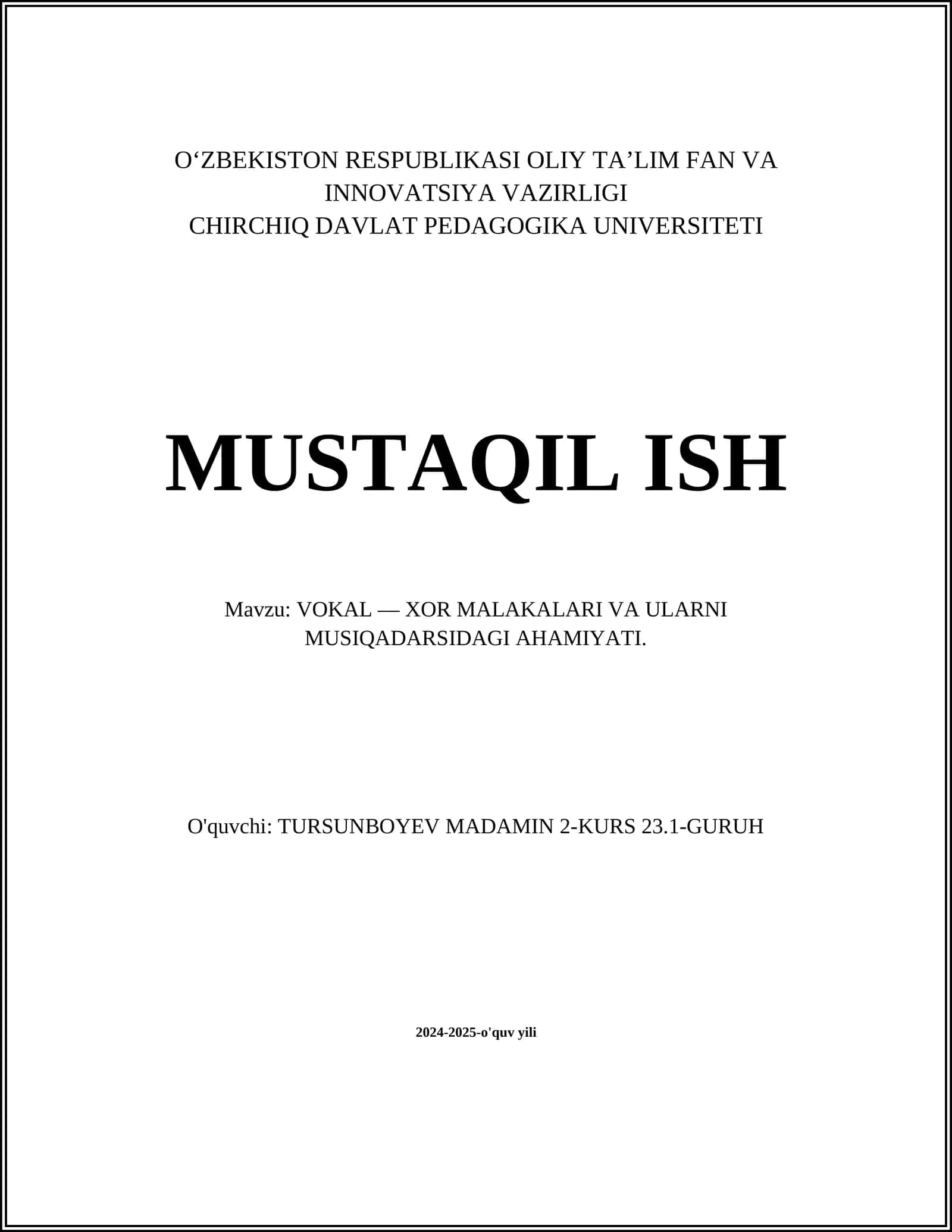 Vokal — XOR MALAKALARI VA ULARNI MUSIQADARSIDAGI AHAMIYATI 1