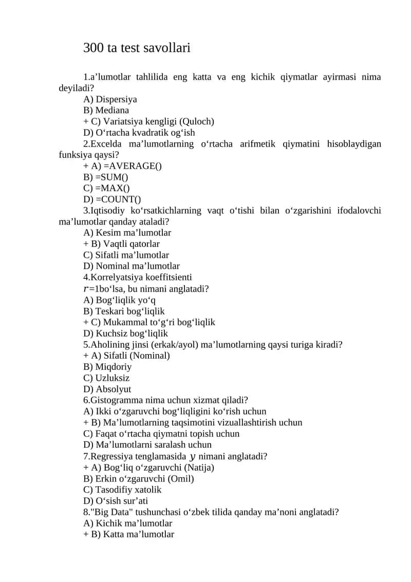 Iqtisodiyotda malumotlar tahlili 2026 test 300 ta 1