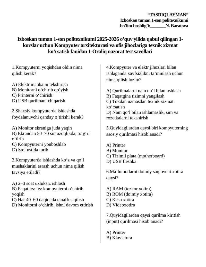 Kompyuter arxitekturasi 1-oraliq nazorat 1