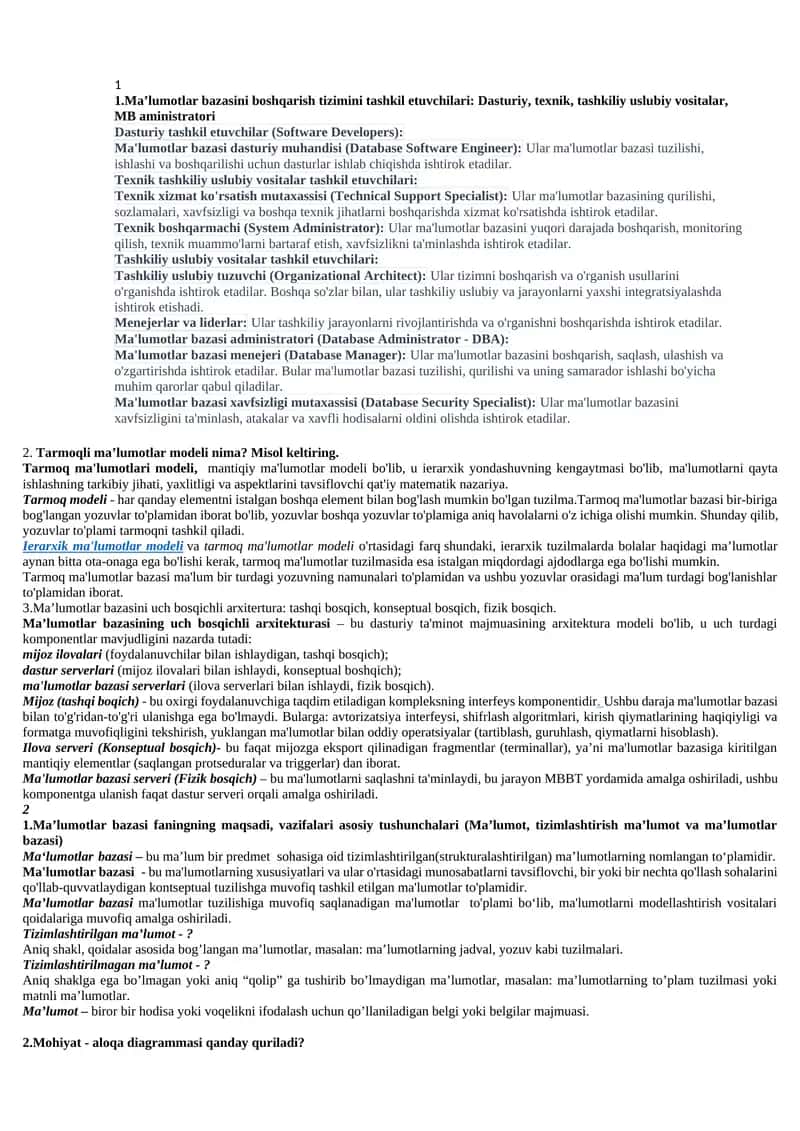 Ma’lumotlar bazasini boshqarish tizimini tashkil etuvchilari 1