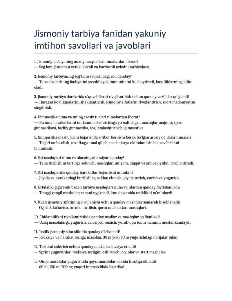Jismoniy tarbiya fanidan yakuniy imtihon savollari va javoblari 1