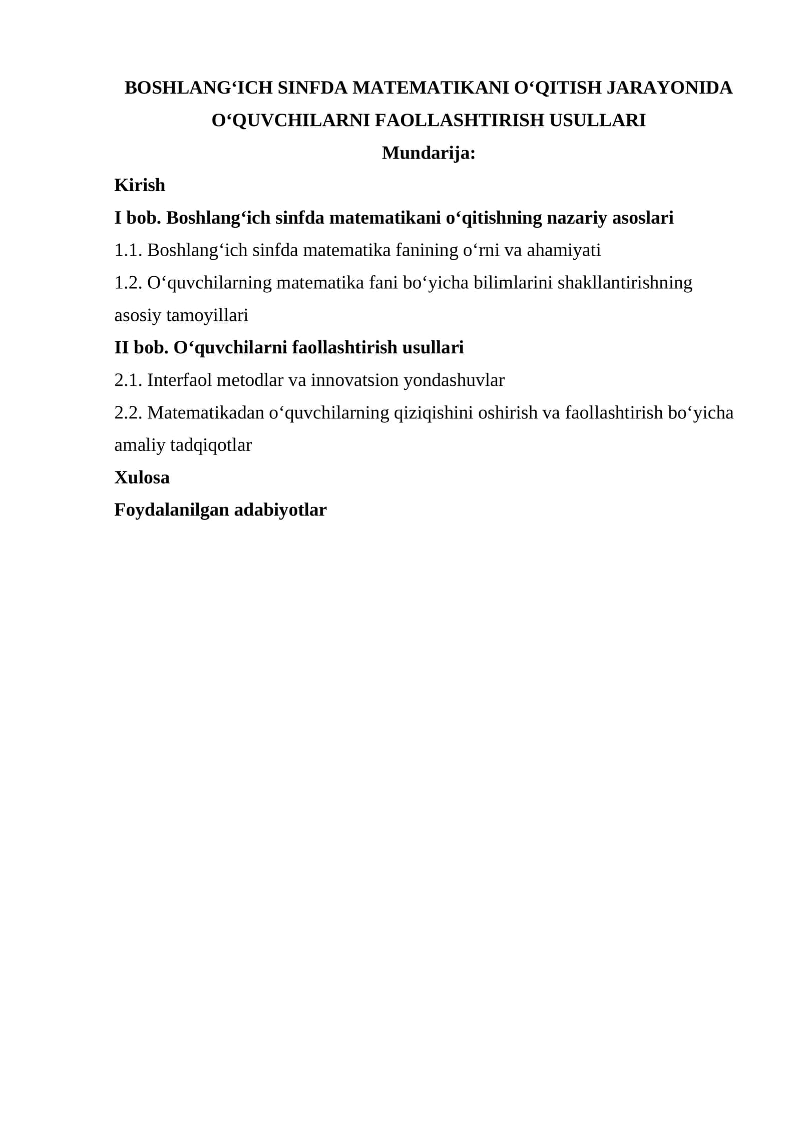 BOSHLANG‘ICH SINFDA MATEMATIKANI O‘QITISH JARAYONIDA O‘QUVCHILARNI FAOLLASHTIRISH USULLARI 1