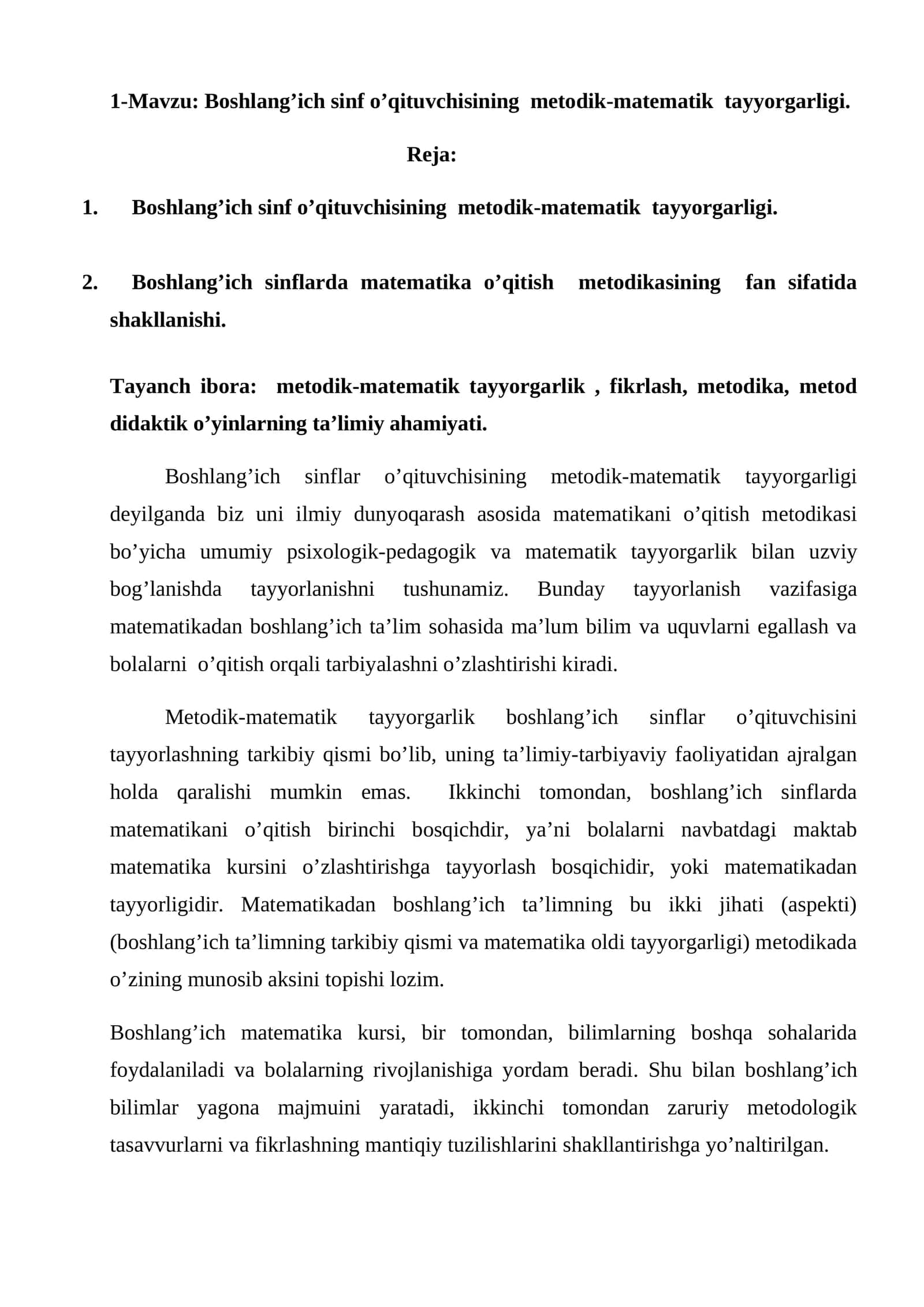 Boshlang’ich sinf o’qituvchisining metodik-matematik tayyorgarligi 1