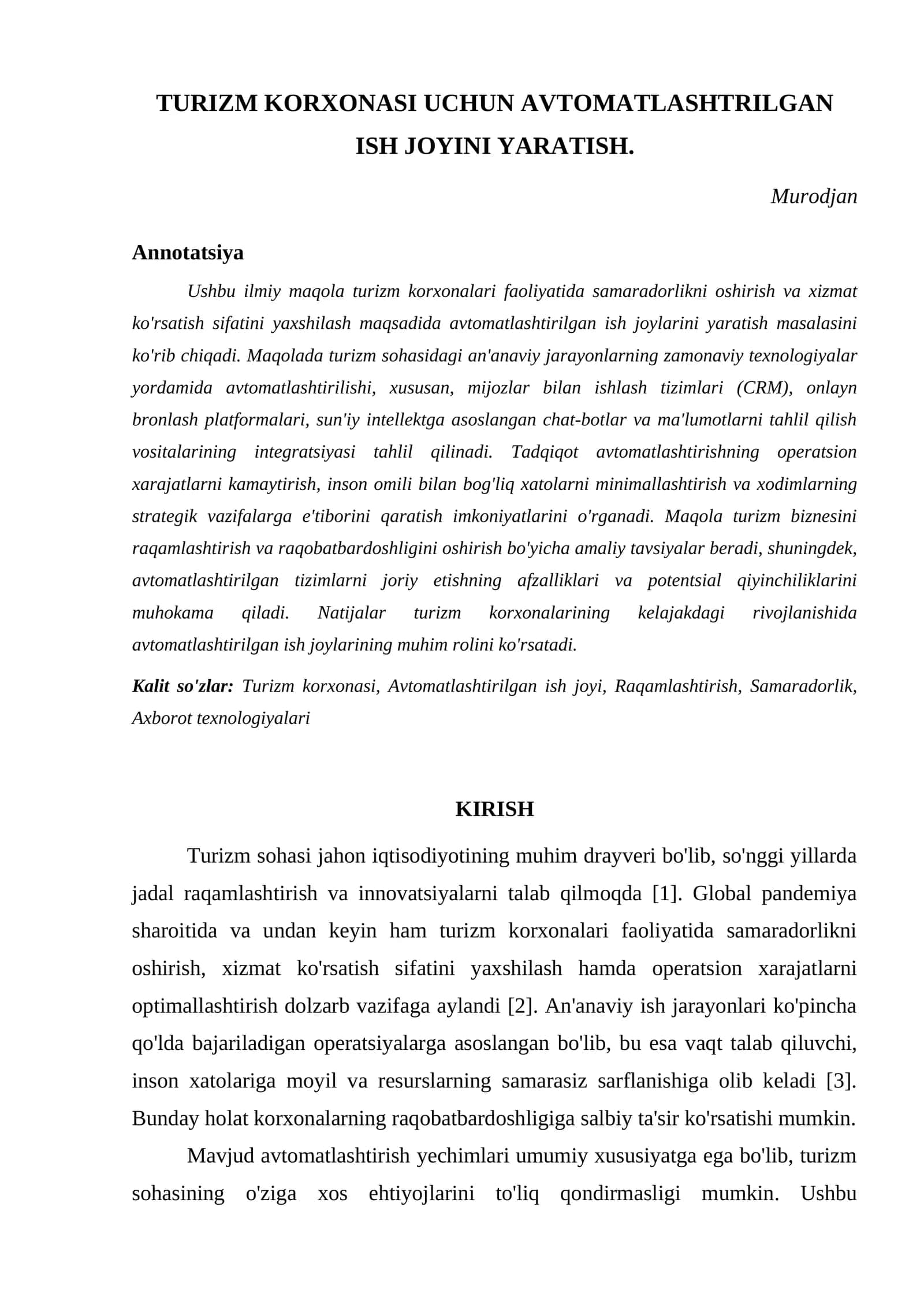 TURIZM KORXONASI UCHUN AVTOMATLASHTRILGAN ISH JOYINI YARATISH 1