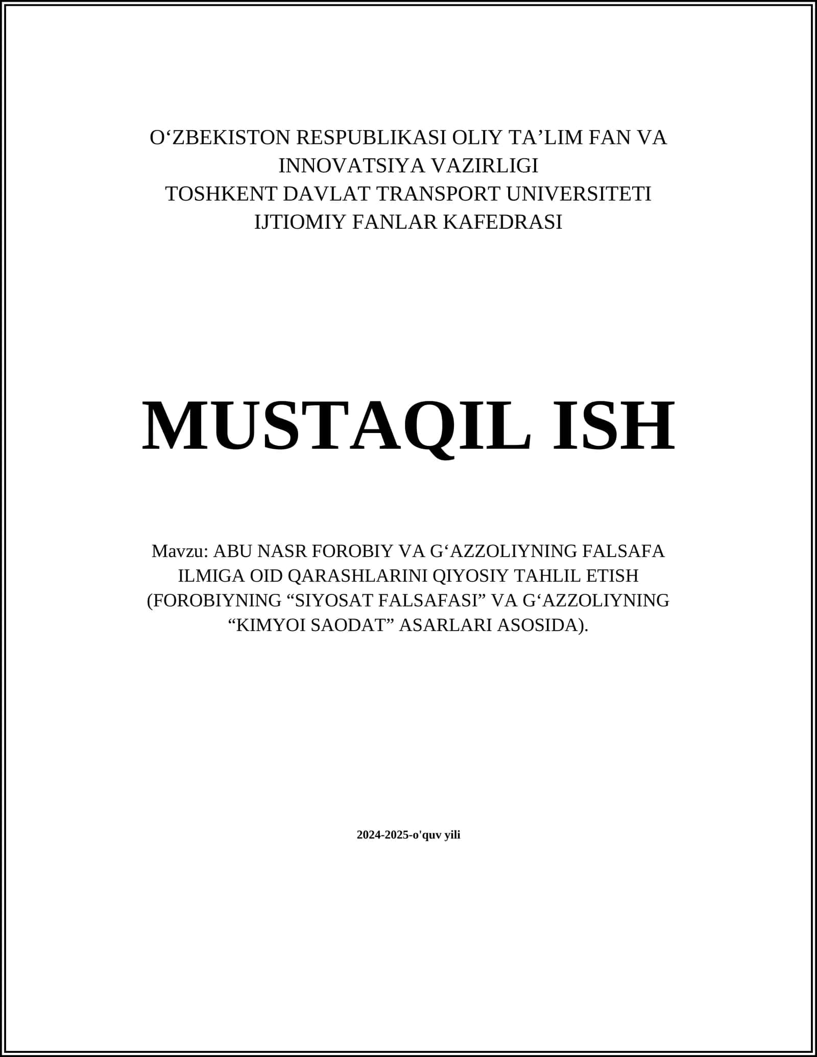 ABU NASR FOROBIY VA G'AZZOLIYNING FALSAFA ILMIGA OID QARASHLARINI QIYOSIY TAHLIL ETISH 1