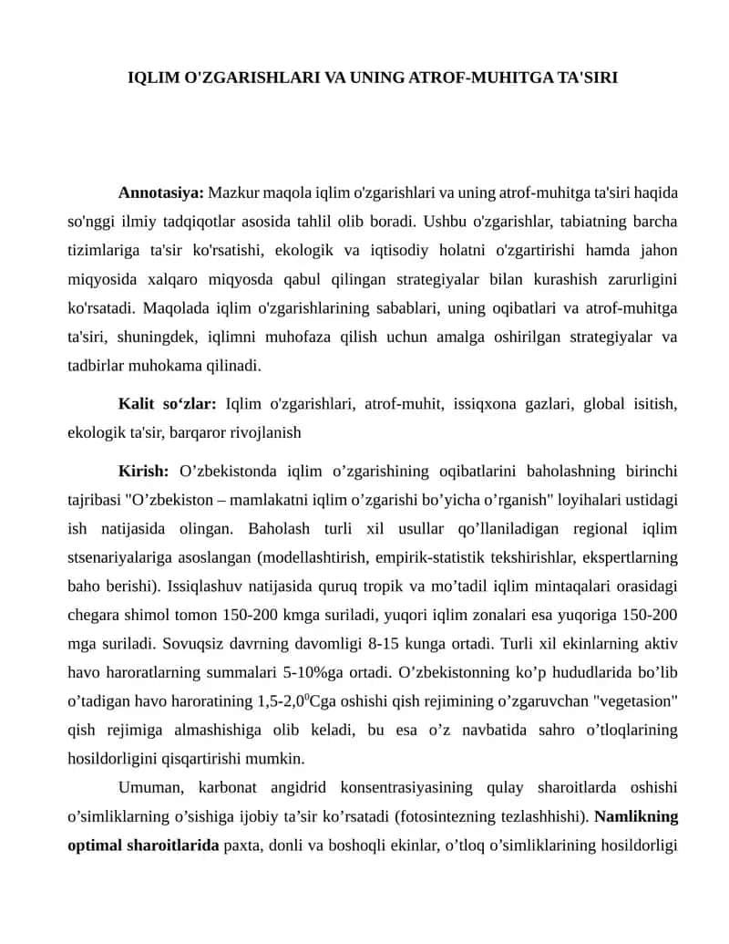 IQLIM O'ZGARISHLARI VA UNING ATROF-MUHITGA TA'SIRI 1