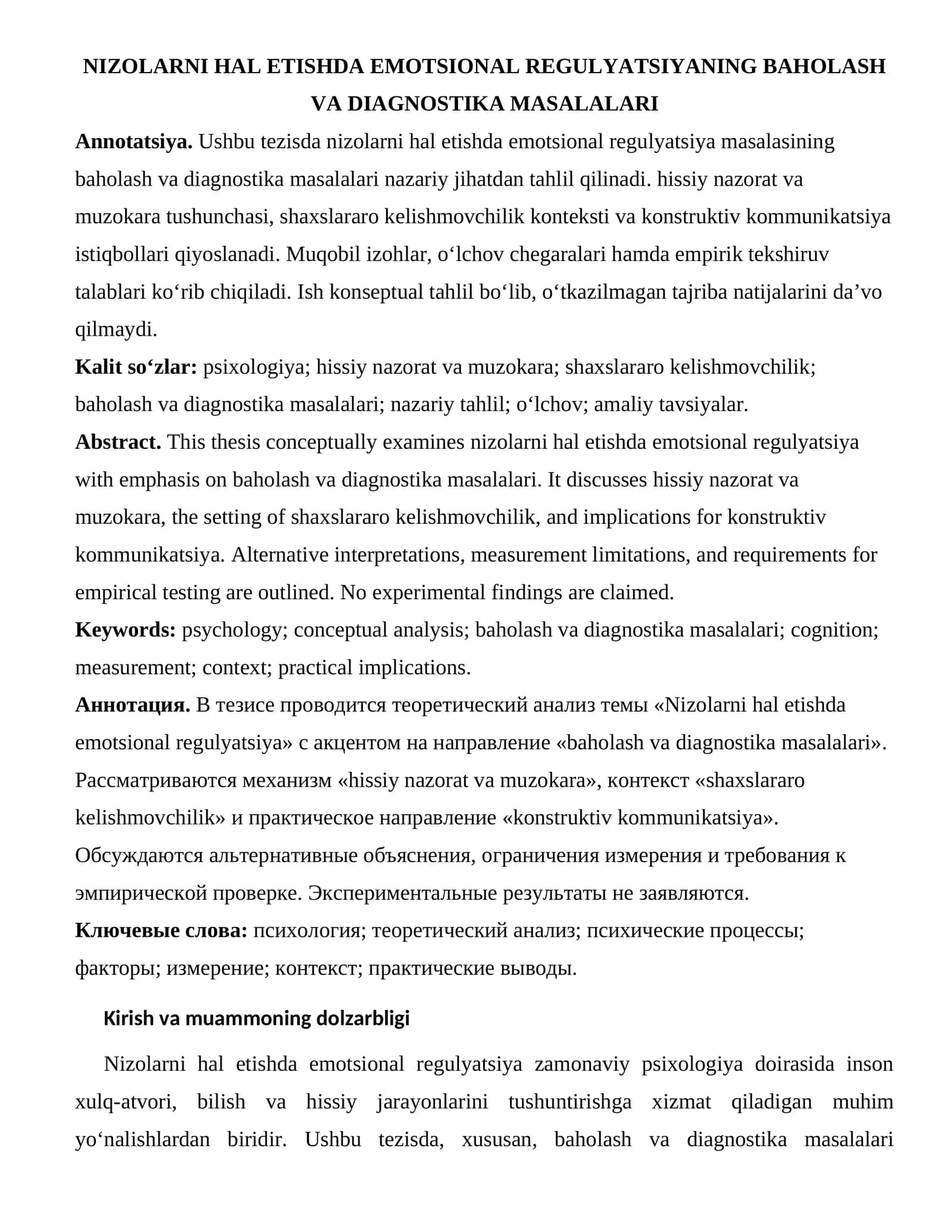 NIZOLARNI HAL ETISHDA EMOTSIONAL REGULYATSIYANING BAHOLASH VA DIAGNOSTIKA MASALALARI 1