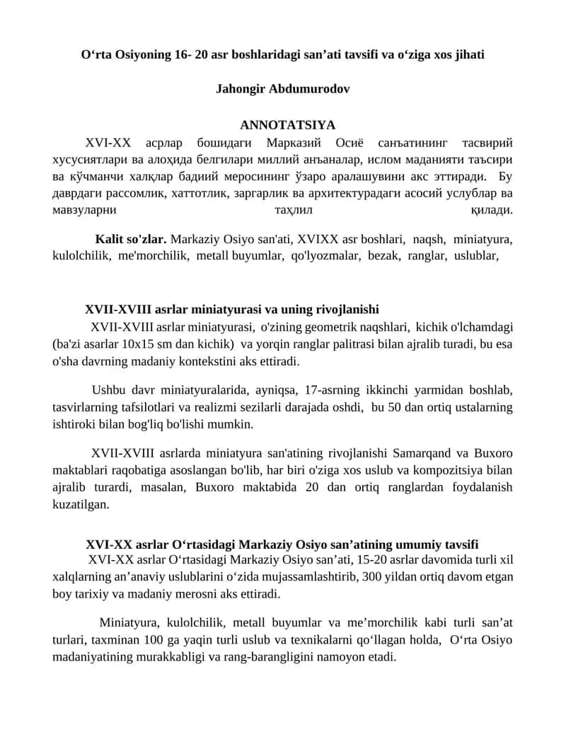 Oʻrta Osiyoning 16- 20 asr boshlaridagi sanʼati tavsifi va oʻziga xos jihati 1
