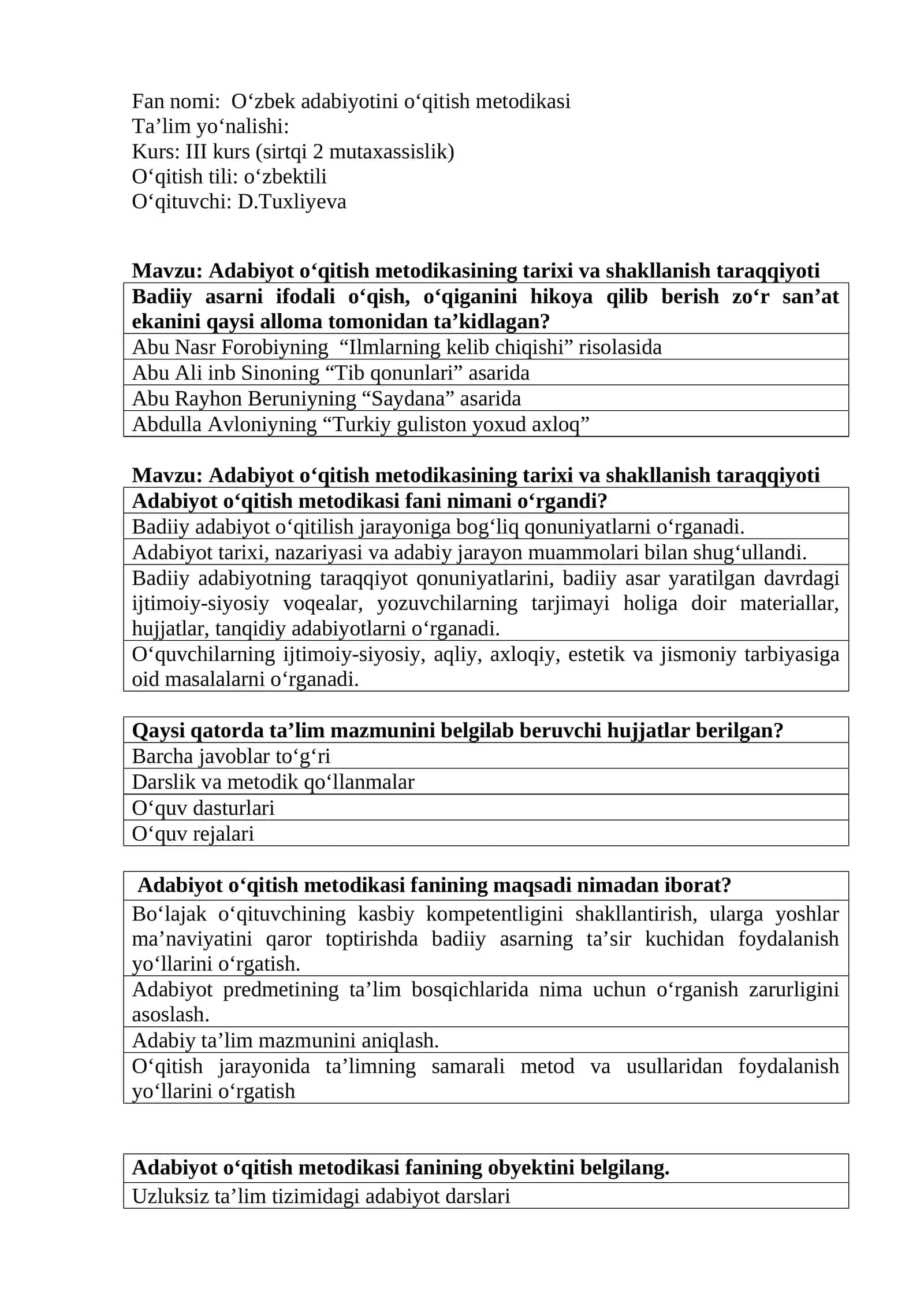 Adabiyot o‘qitish metodikasi 1