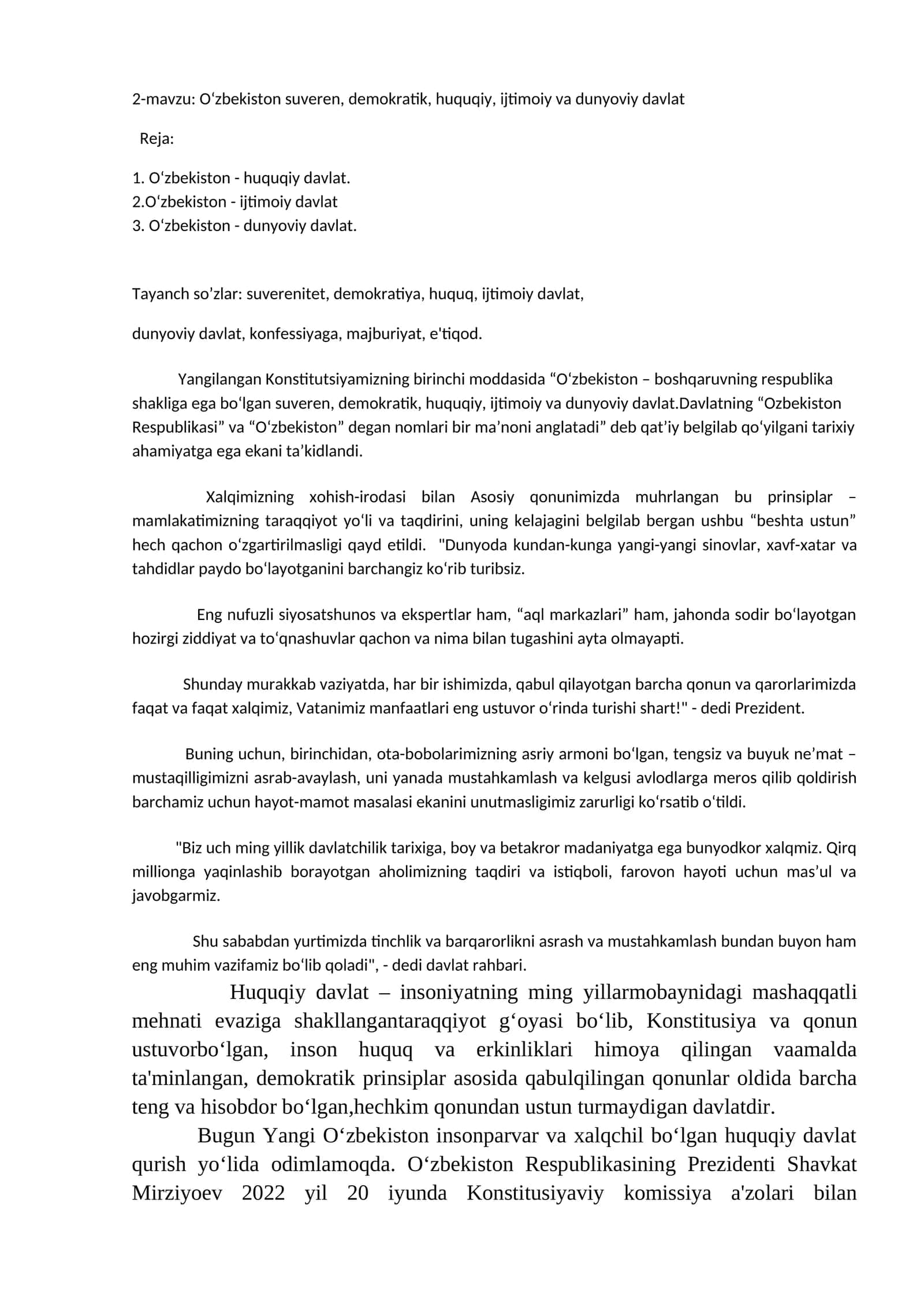 O‘zbekiston suveren, demokratik, huquqiy, ijtimoiy va dunyoviy davlat 1
