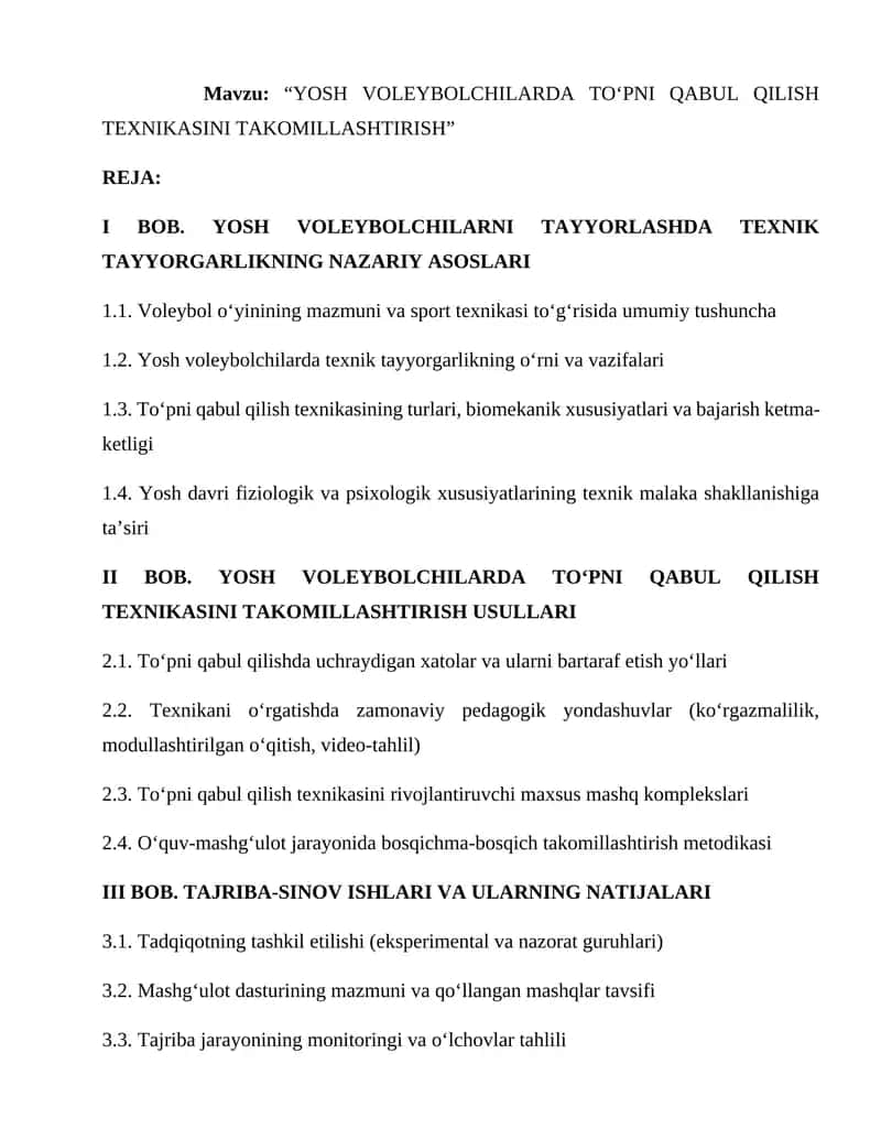 Yosh voleybolchilarda to‘pni qabul qilish texnikasini takomillashtirish 1