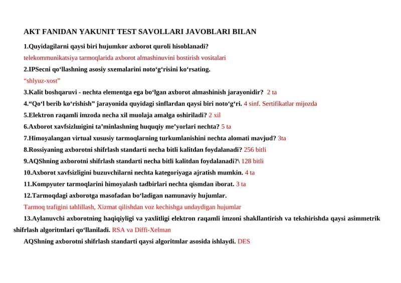 AKT FANIDAN YAKUNIT TEST SAVOLLARI JAVOBLARI BILAN 1
