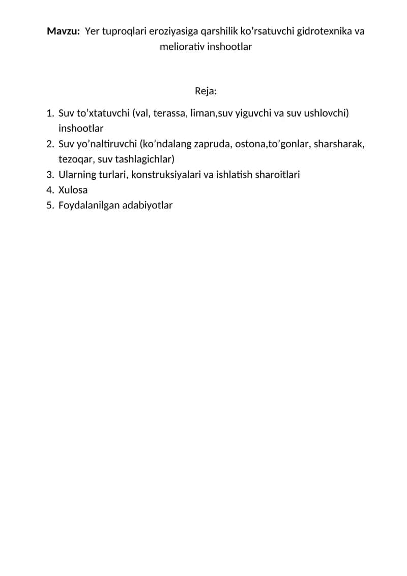 Yer tuproqlari eroziyasiga qarshilik ko’rsatuvchi gidrotexnika va meliorativ inshootlar 1