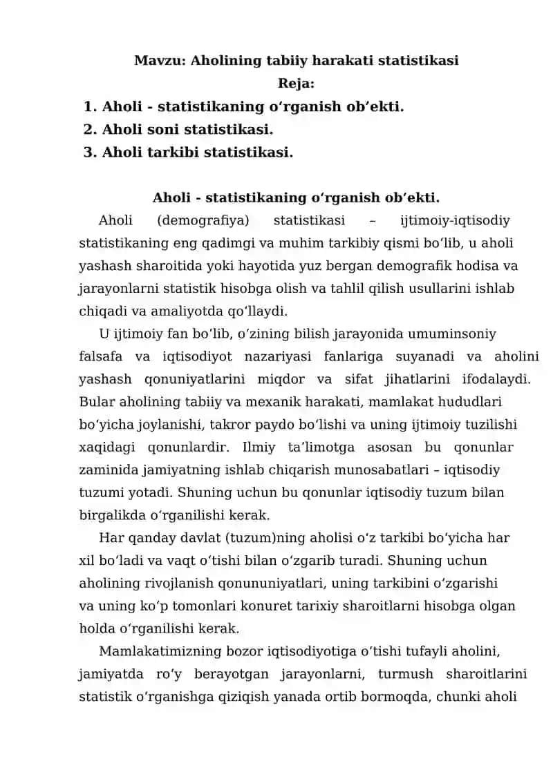 Aholining tabiiy harakati statistikasi 1