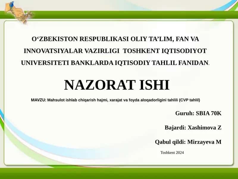 Mahsulot ishlab chiqarish hajmi, xarajat va foyda aloqadorligini tahlili (CVP tahlil) 1