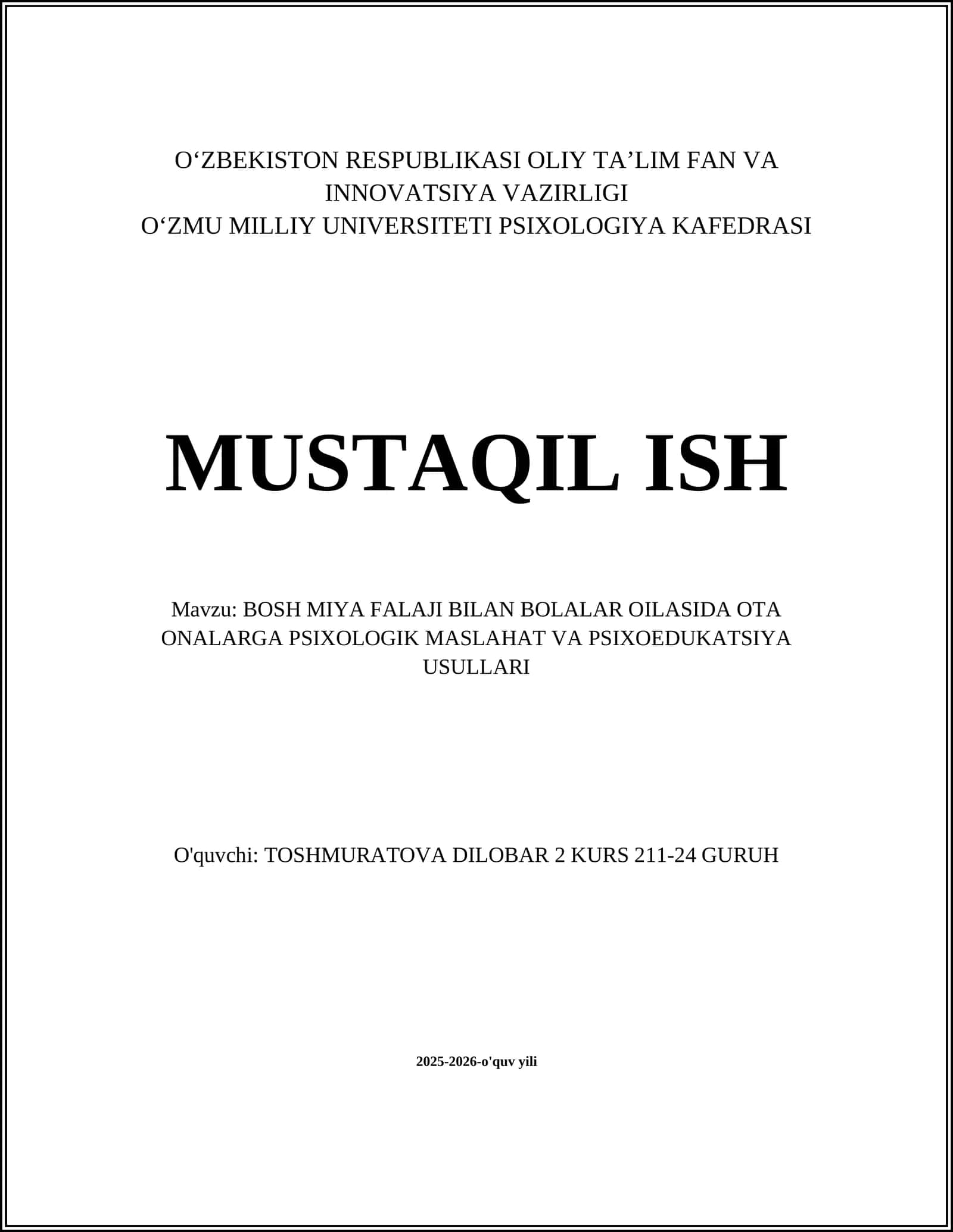 BOSH MIYA FALAJI BILAN BOLALAR OILASIDA OTA ONALARGA PSIXOLOGIK MASLAHAT VA PSIXOEDUKATSIYA USULLARI 1