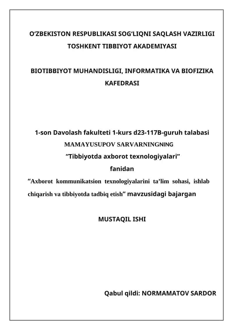 Tibbiyotda axborot texnologiyalari 1