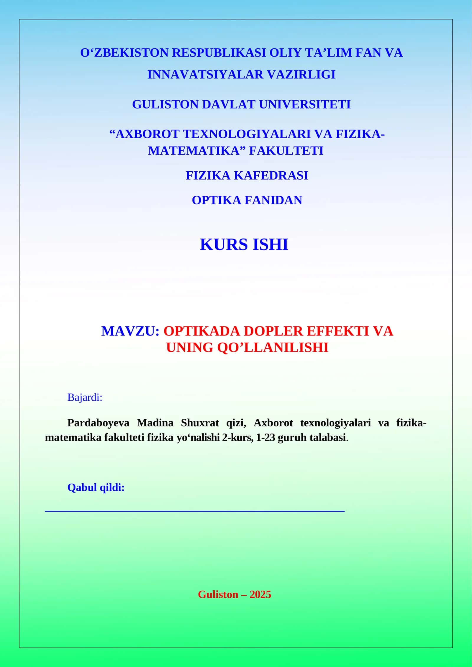 Optikada Dopler effekti va uning qo’llanilishi 1