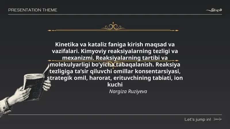 Kinetika va kataliz faniga kirish maqsad va vazifalari. Kimyoviy reaksiyalarning tezligi va mexanizmi. Reaksiyalarning tartibi va molekulyarligi bo’yicha tabaqalanish. Reaksiya tezligiga ta’sir qiluvchi omillar konsentarsiyasi, strategik omil, harorat, erituvchining tabiati, ion kuchi 1