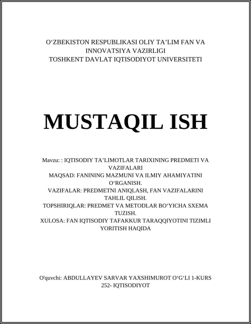 Iqtisodiy Ta'limotlar Tarixining Predmeti va Vazifalari 1