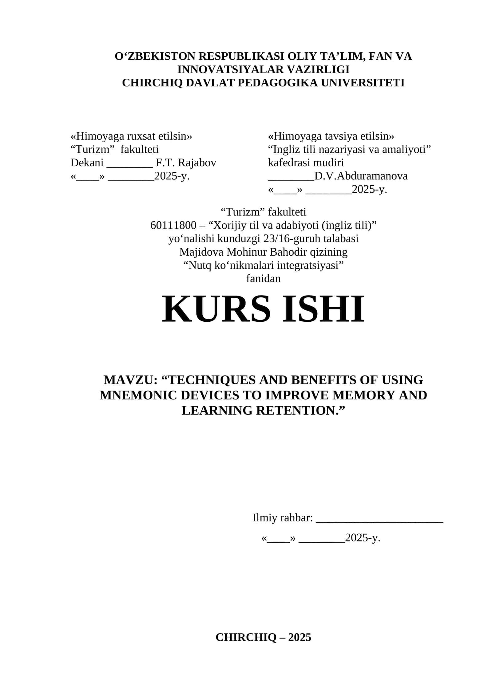 "TECHNIQUES AND BENEFITS OF USING MNEMONIC DEVICES TO IMPROVE MEMORY AND LEARNING RETENTION" 1