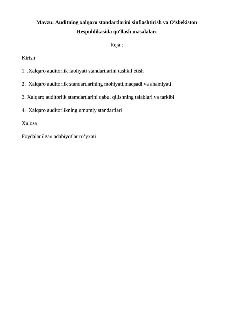 Auditning xalqaro standartlarini sinflashtirish va O'zbekiston Respublikasida qo'llash masalalari 1