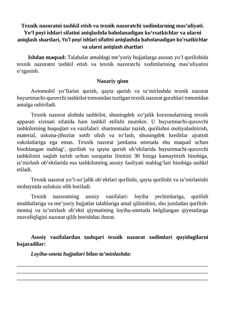 Texnik nazoratni tashkil etish va texnik nazoratchi xodimlarning mas’uliyati 1