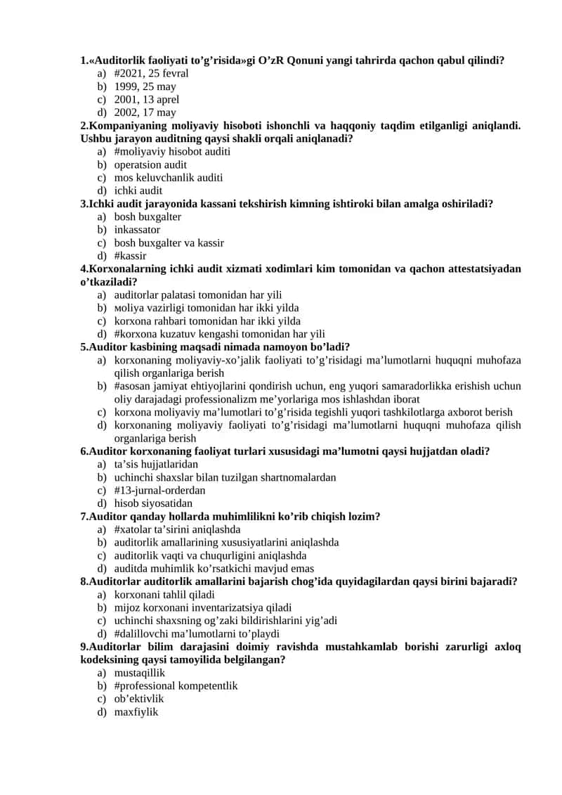 Audit fanidan yakuniy test savollari javoblari bilan 1