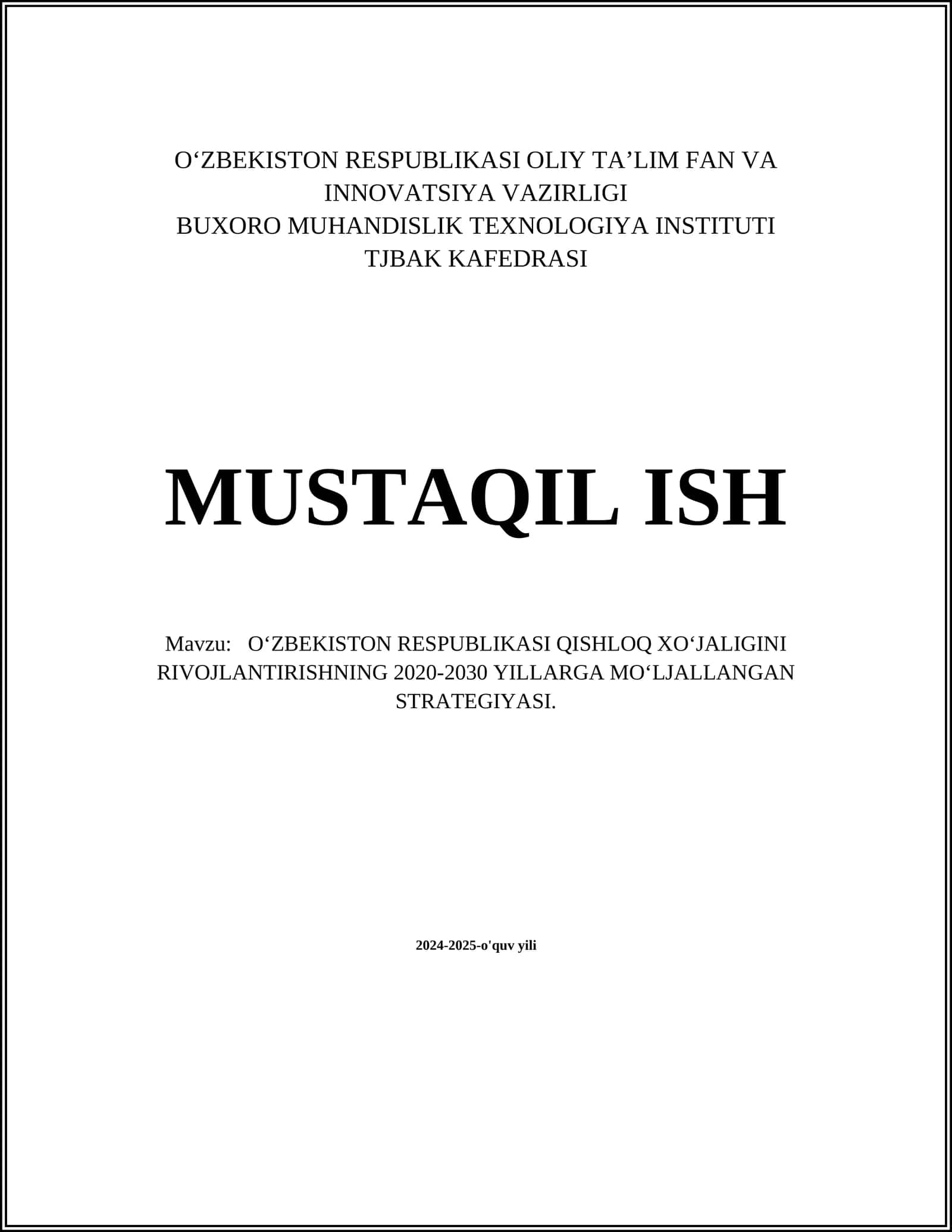 O‘ZBEKISTON RESPUBLIKASI QISHLOQ XO‘JALIGINI RIVOJLANTIRISHNING 2020-2030 YILLARGA MO‘LJALLANGAN STRATEGIYASI 1