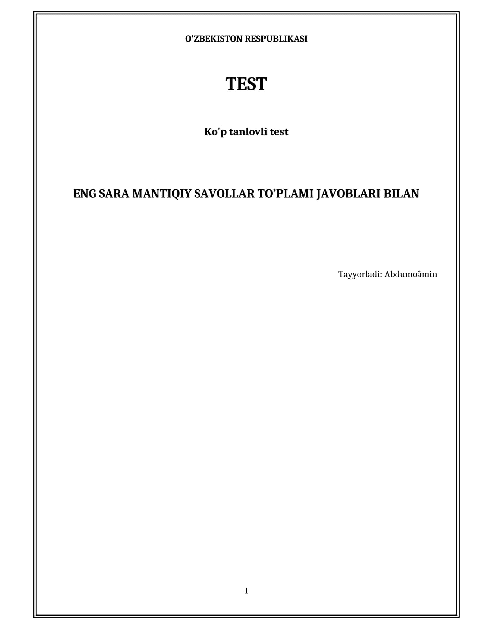 ENG SARA MANTIQIY SAVOLLAR TO’PLAMI JAVOBLARI BILAN 1