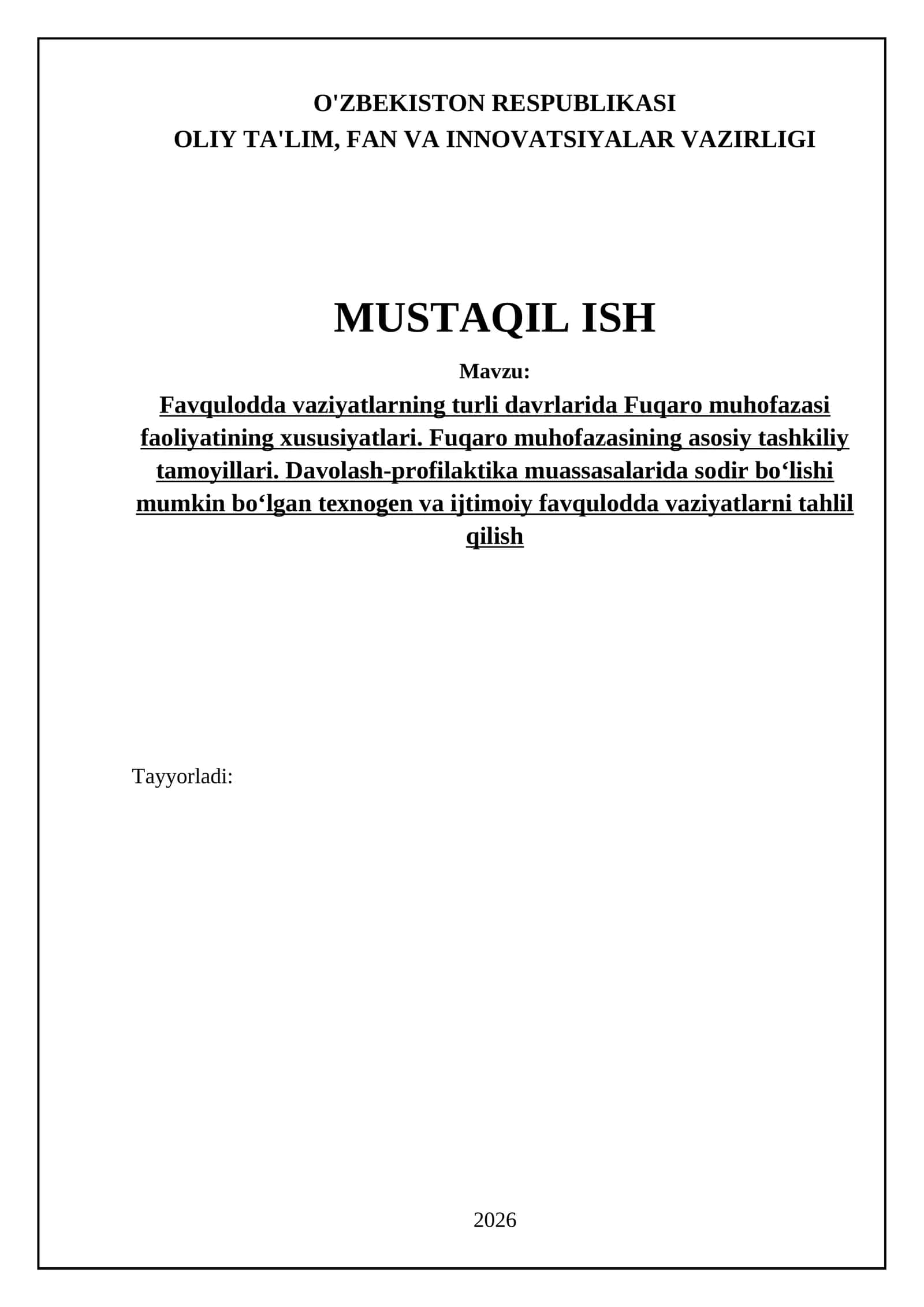 Favqulodda vaziyatlarning turli davrlarida Fuqaro muhofazasi faoliyatining xususiyatlari. Fuqaro muhofazasining asosiy tashkiliy tamoyillari. Davolash-profilaktika muassasalarida sodir bo‘lishi mumkin bo‘lgan texnogen va ijtimoiy favqulodda vaziyatlarni tahlil qilish 1