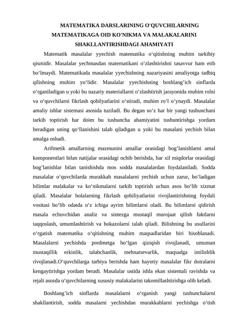 Matematika Darslarining O'quvchilarning Matematikaga oid Ko'nikma va Malakalarini Shakllantirishdagi Ahamiyati 1