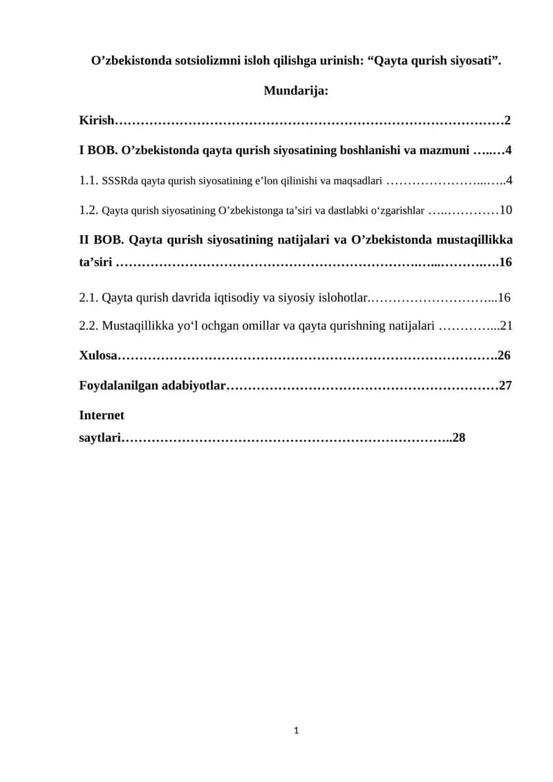 O'zbekistonda sotsiolizmni isloh qilishga urinish: “Qayta qurish siyosati” 1