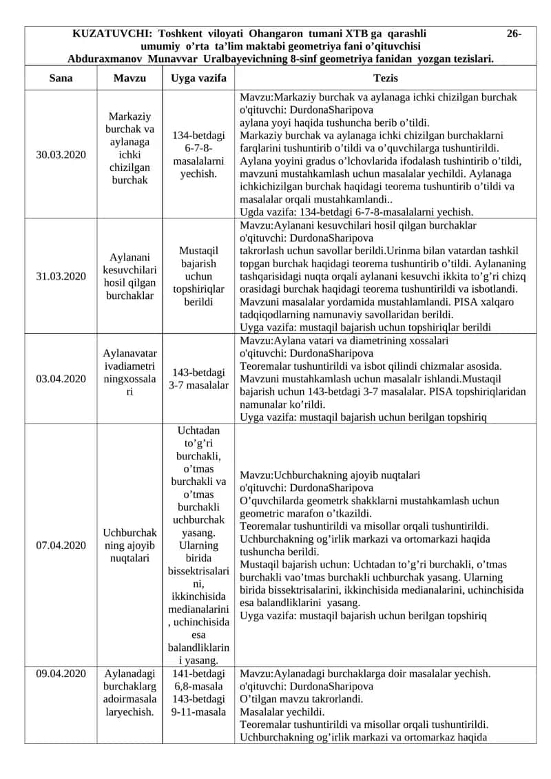 Markaziy burchak va aylanaga ichki chizilgan burchak 1
