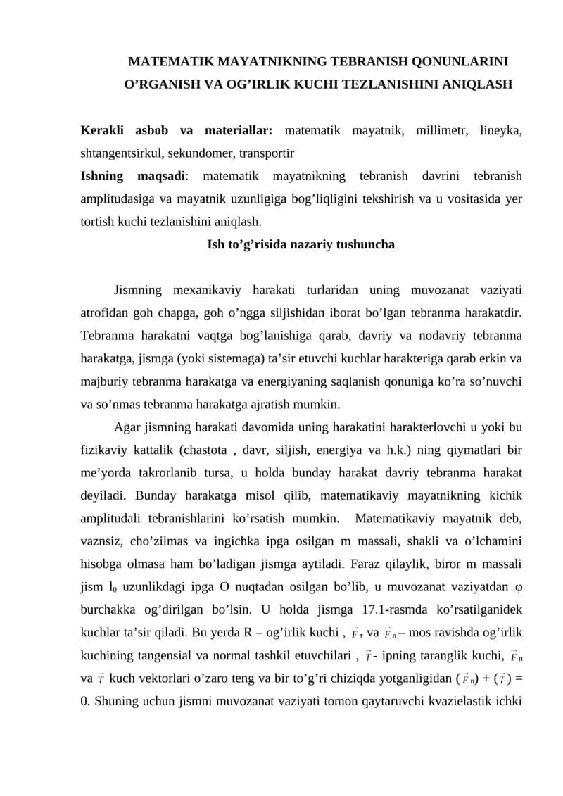 MATEMATIK MAYATNIKNING TEBRANISH QONUNLARINI O’RGANISH VA OG’IRLIK KUCHI TEZLANISHINI ANIQLASH 1