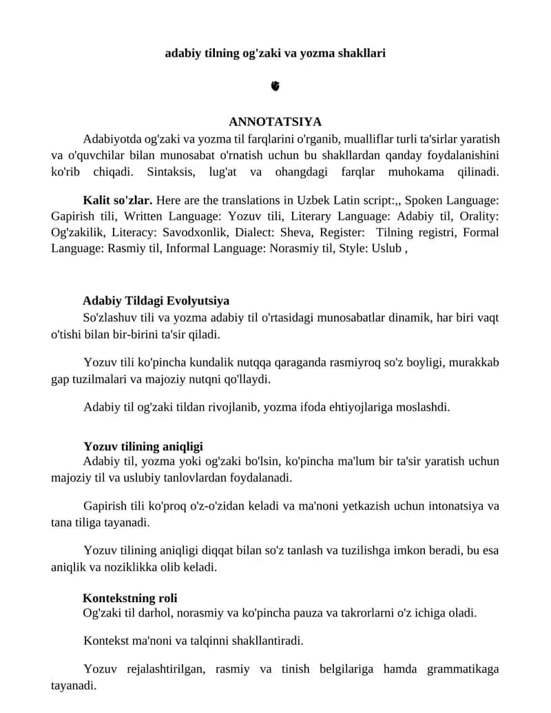 Adabiy tilning og'zaki va yozma shakllari 1